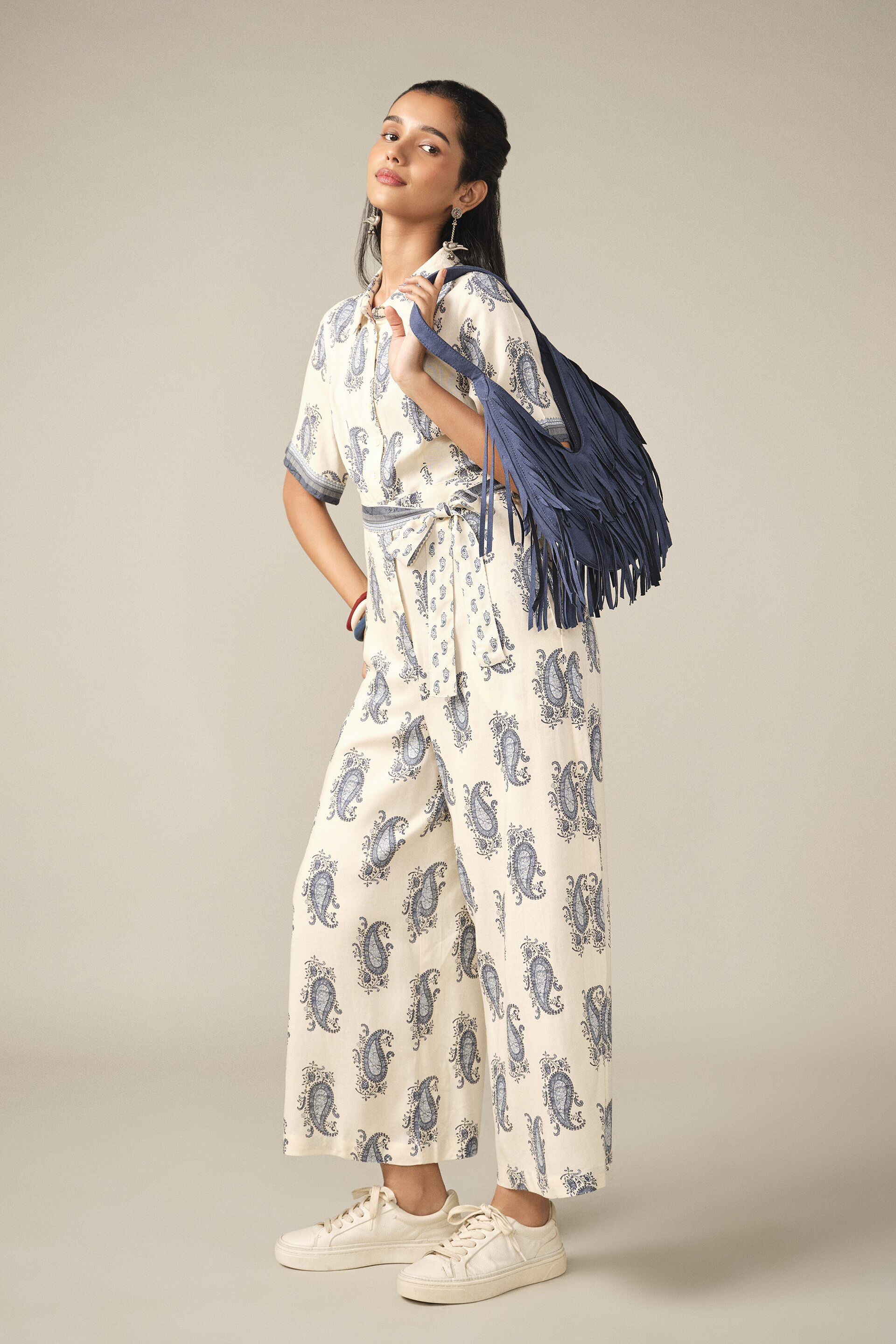 Printed Collared Jumpsuit in White, White, image 4